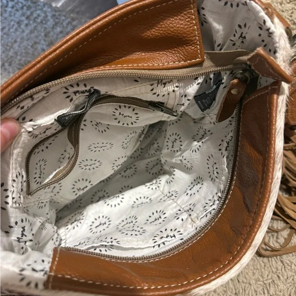 Brown and White Cowhide Fringe Crossbody Myra Bag - Picture 5 of 8
